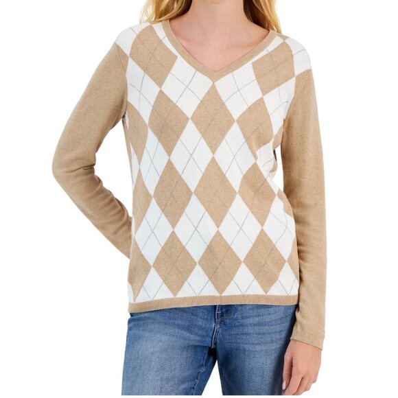 Tommy Hilfiger Womens Argyle V-Neck Sweater Beige & White Size M - Picture 1 of 6
